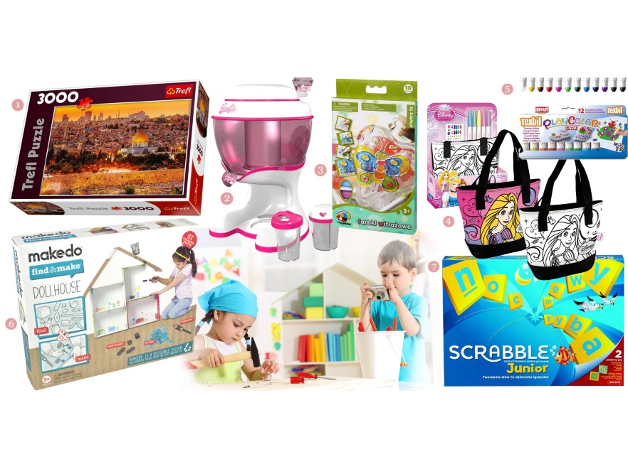 1. Puzzle Trefl Dachy Jerozolimy 3000, cena ok. 43,39zł; 2. AGD Barbie Automat do lodów, cena ok. 102,79zł; 3. Farby witrażowe Russel 10szt, cena ok. 19,99 zł; 4. Torebka do kolorowania Starpak Disney Princess, cena ok. 39zł; 5. Farby w sztyfcie Instant PlayColor Textil One 12szt, 57,99zł; 6. Domek dla lalek do samodzielnego złożenia Russel MD FM03-001;l cena ok. 38,89zł; 7. Gra Scrabble Junior Mattel, cena ok. 63,99zł.